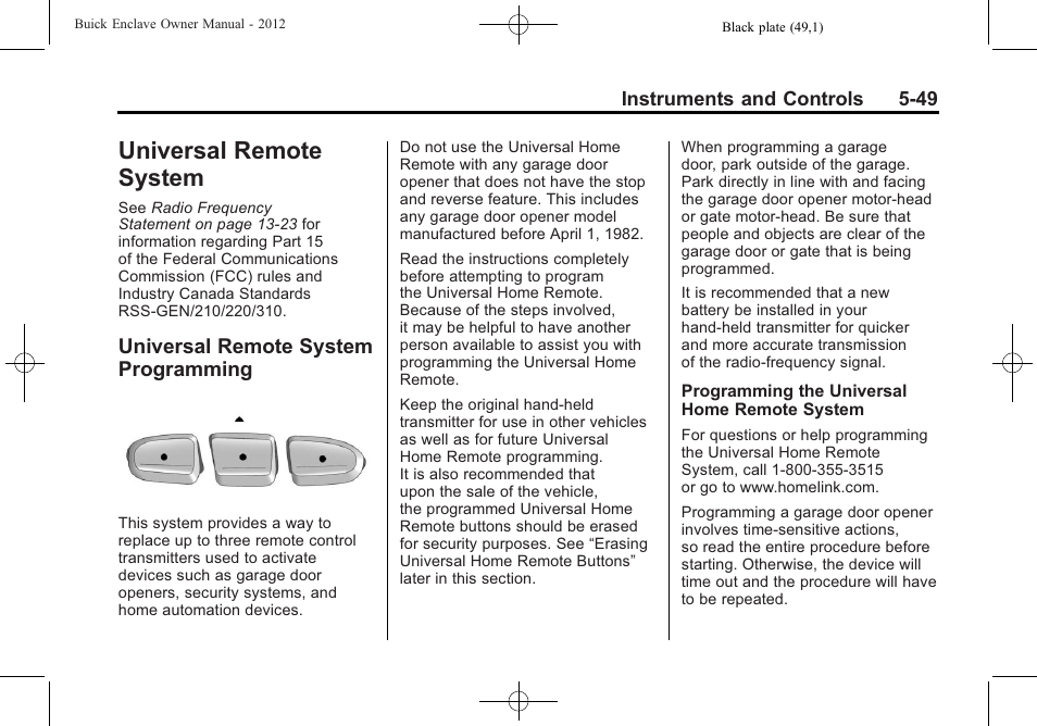 Universal remote system, Universal remote system programming, System -49 | Programming -49 | Buick 2012 Enclave User Manual | Page 169 / 474