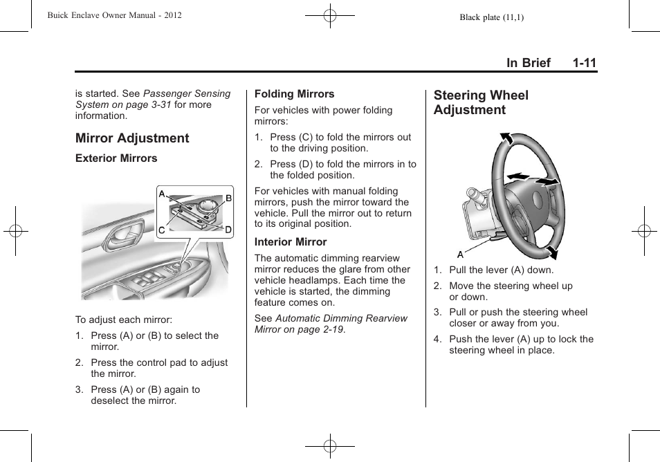 Mirror adjustment, Steering wheel adjustment, Mirror adjustment -11 steering wheel | Adjustment -11, Sunroof | Buick 2012 Enclave User Manual | Page 17 / 474