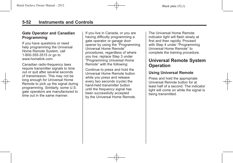 Universal remote system operation, Universal remote system, Operation -52 | Buick 2012 Enclave User Manual | Page 172 / 474