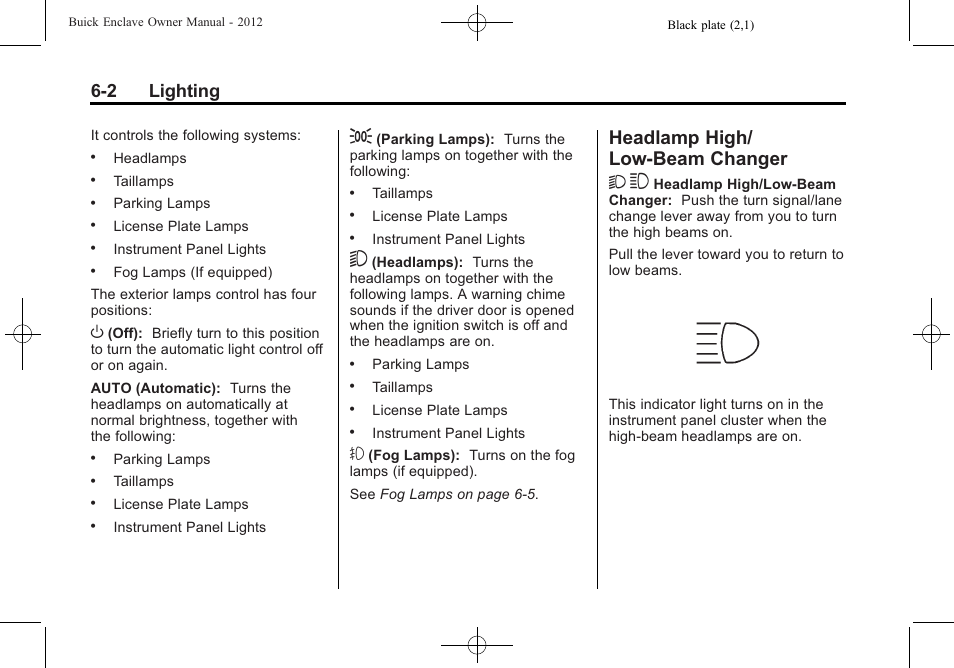 Headlamp high/low-beam changer, Headlamp high/low-beam, Changer -2 | Headlamp high/ low-beam changer 2 3, 2 lighting | Buick 2012 Enclave User Manual | Page 176 / 474