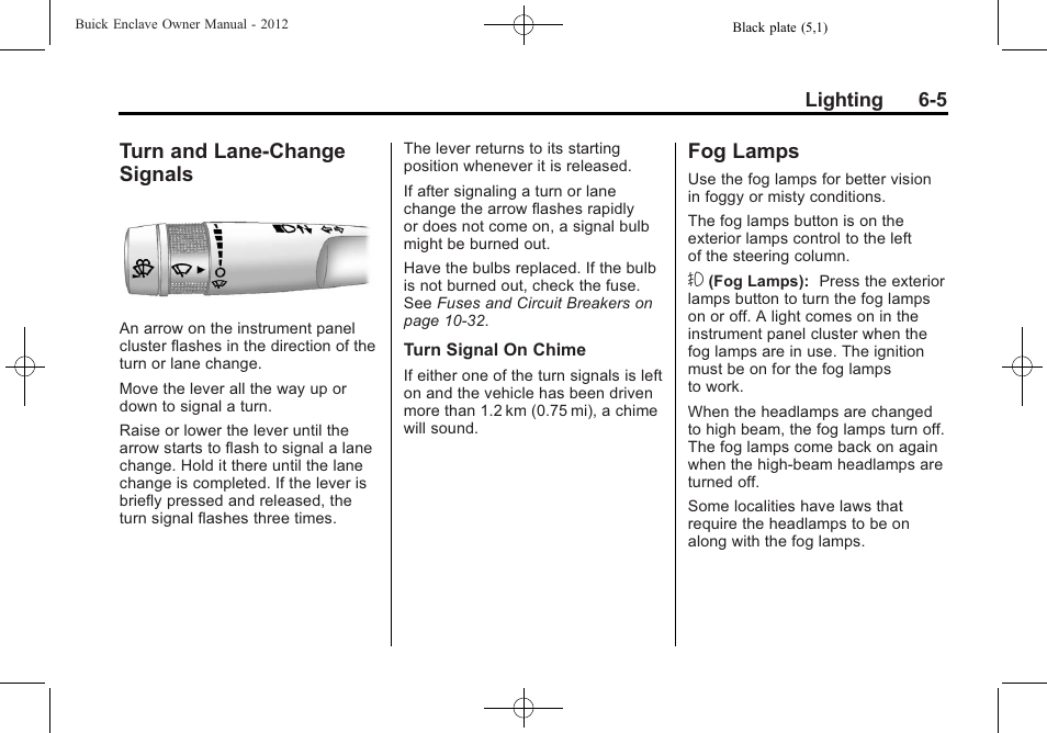 Turn and lane-change signals, Fog lamps, Turn and lane-change | Signals -5, Fog lamps -5 | Buick 2012 Enclave User Manual | Page 179 / 474