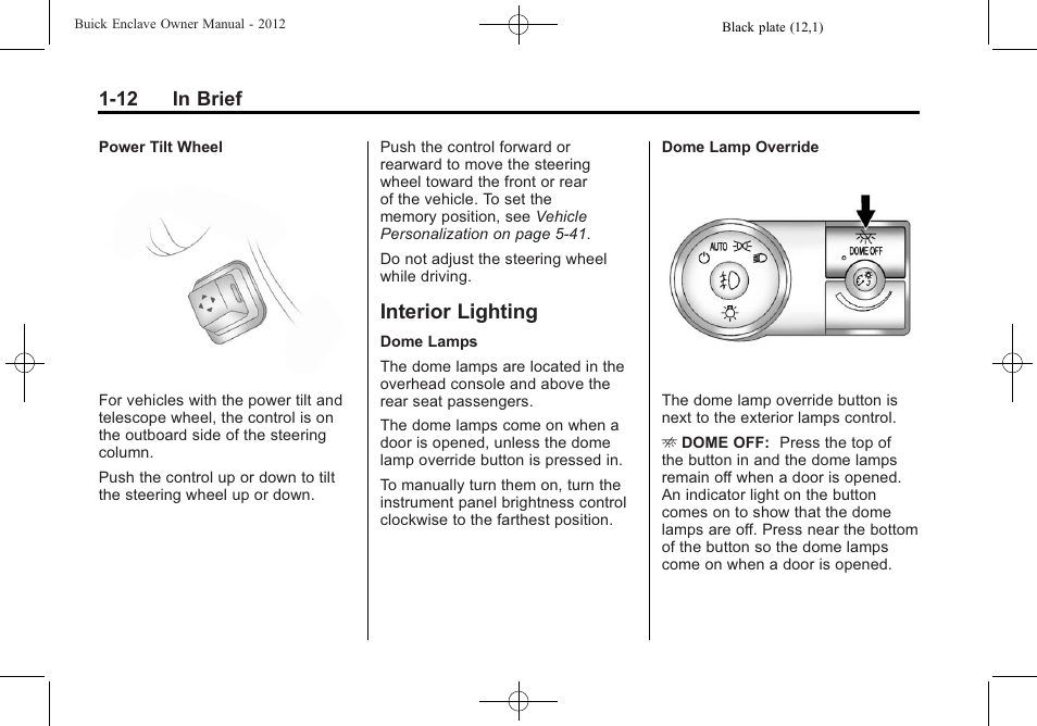 Interior lighting, Interior lighting -12, 12 in brief | Buick 2012 Enclave User Manual | Page 18 / 474