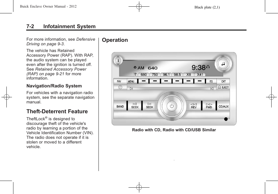 Theft-deterrent feature, Operation, Theft-deterrent feature -2 operation -2 | Trademarks | Buick 2012 Enclave User Manual | Page 186 / 474