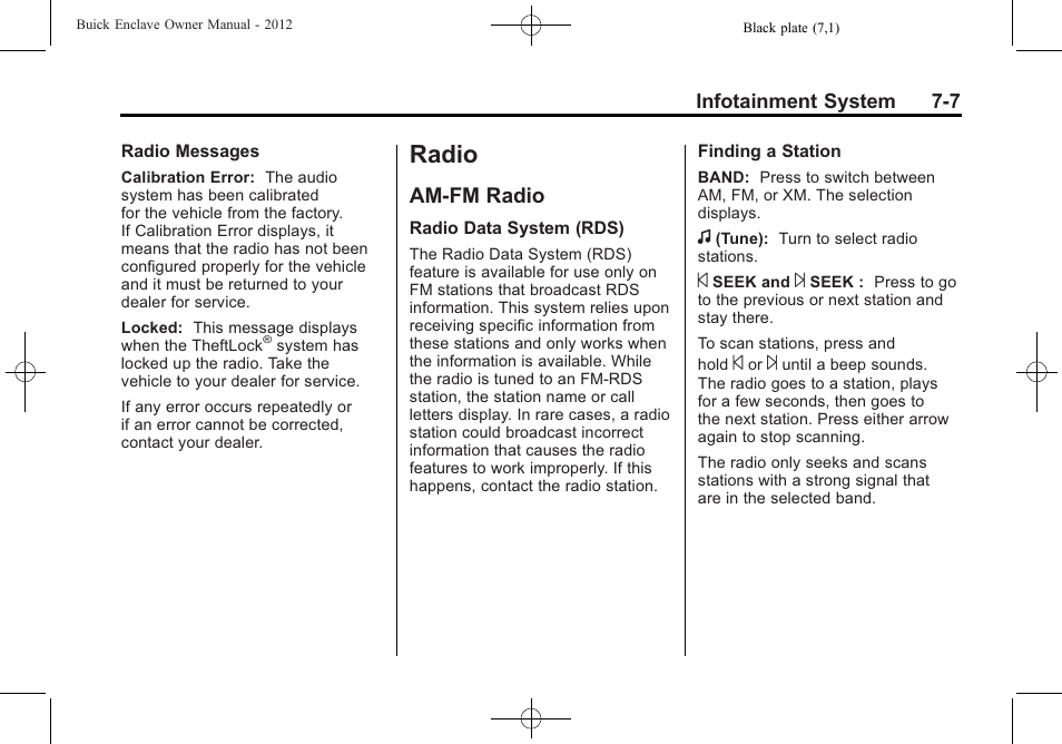 Radio, Am-fm radio, Radio -7 | Towing, Am-fm radio -7, Trademarks | Buick 2012 Enclave User Manual | Page 191 / 474