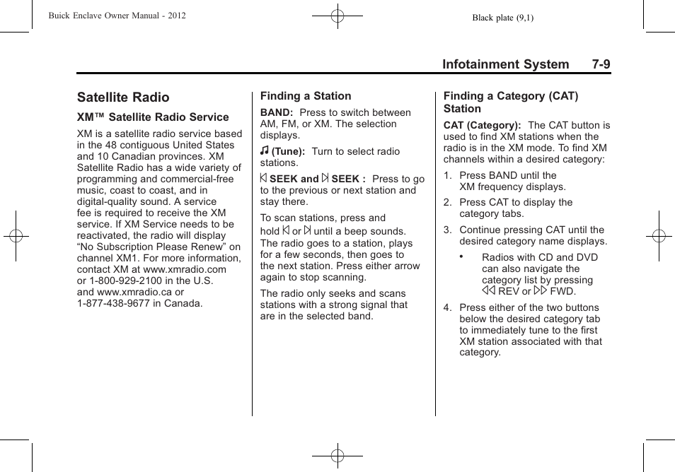 Satellite radio, Satellite radio -9, Agreements | Buick 2012 Enclave User Manual | Page 193 / 474