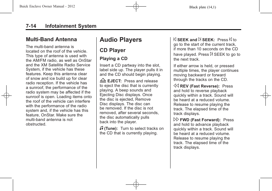 Multi-band antenna, Audio players, Cd player | Conversions and add-ons -58, Multi-band antenna -14, Cd player -14 | Buick 2012 Enclave User Manual | Page 198 / 474