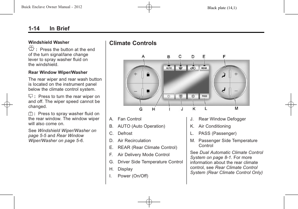 Climate controls, Climate controls -14, 14 in brief | Buick 2012 Enclave User Manual | Page 20 / 474