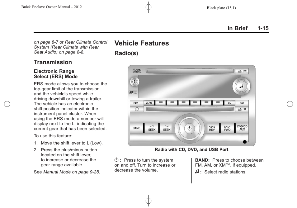 Transmission, Vehicle features, Radio(s) | Vehicle features -15, Roof rack system, Transmission -15, Radio(s) -15, Roadside | Buick 2012 Enclave User Manual | Page 21 / 474