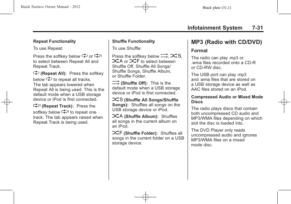 Mp3 (radio with cd/dvd), Mp3 (radio with cd/dvd) -31 | Buick 2012 Enclave User Manual | Page 215 / 474