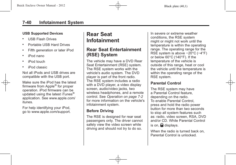 Rear seat infotainment, Rear seat entertainment (rse) system, Rear seat infotainment -40 | Rear seat entertainment, Rse) system -40, 40 infotainment system | Buick 2012 Enclave User Manual | Page 224 / 474