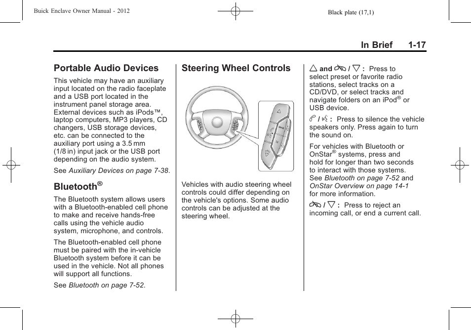 Portable audio devices, Bluetooth, Steering wheel controls | Portable audio devices -17 bluetooth, Steering wheel controls -17 | Buick 2012 Enclave User Manual | Page 23 / 474