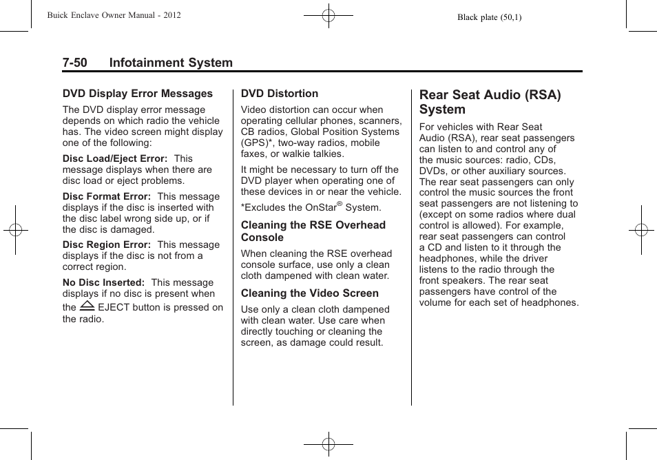 Rear seat audio (rsa) system, Rear seat audio (rsa), System -50 | 50 infotainment system | Buick 2012 Enclave User Manual | Page 234 / 474