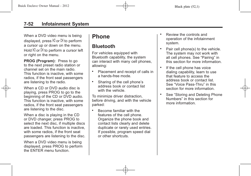 Phone, Bluetooth, Bluetooth -52 | 52 infotainment system | Buick 2012 Enclave User Manual | Page 236 / 474