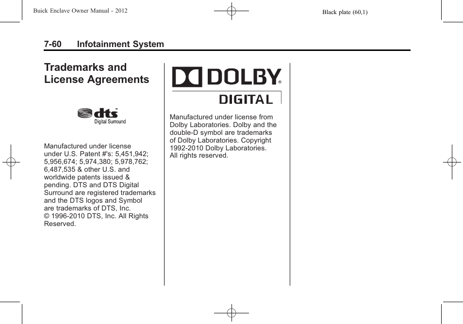 Trademarks and license agreements, Agreements -60, And license | Buick 2012 Enclave User Manual | Page 244 / 474