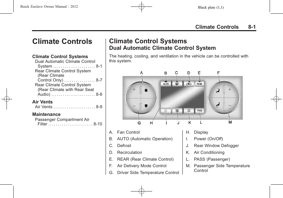 Climate controls, Climate control systems, Dual automatic climate control system | Climate controls -1, Systems -1, Dual automatic climate control | Buick 2012 Enclave User Manual | Page 245 / 474