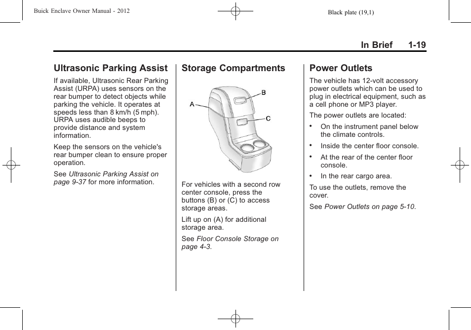 Ultrasonic parking assist, Storage compartments, Power outlets | Buick 2012 Enclave User Manual | Page 25 / 474