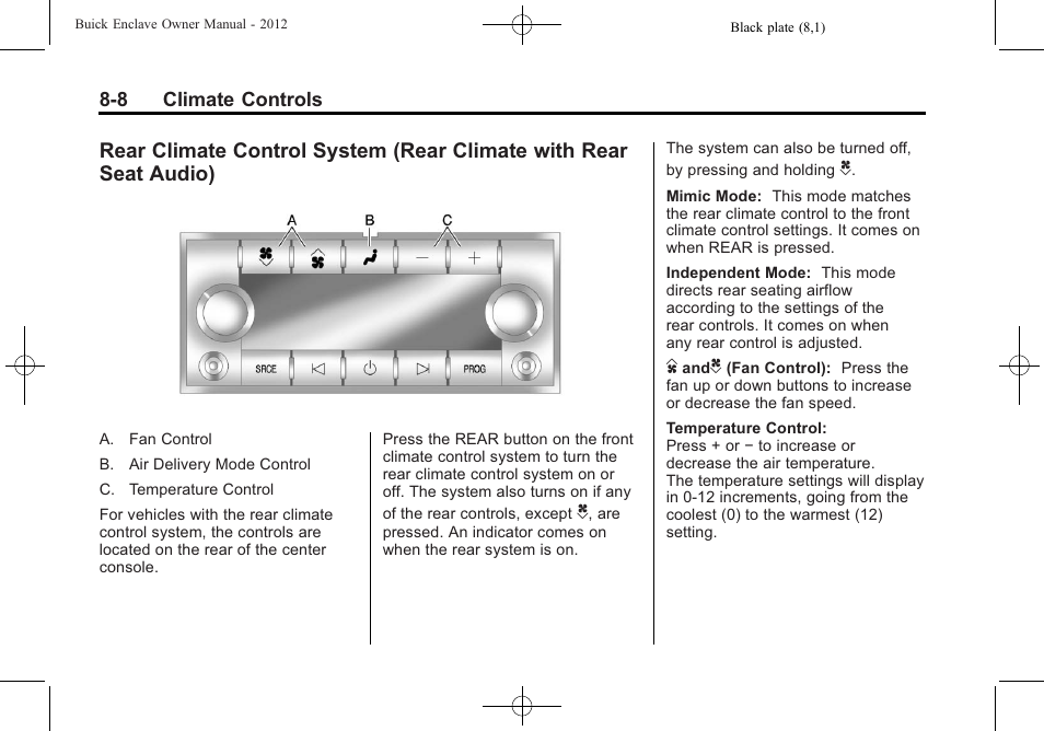 Rear climate control system, Rear climate with rear seat audio) -8 | Buick 2012 Enclave User Manual | Page 252 / 474