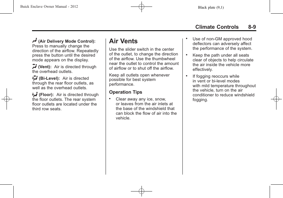 Air vents, Air vents -9, Climate controls 8-9 | Buick 2012 Enclave User Manual | Page 253 / 474