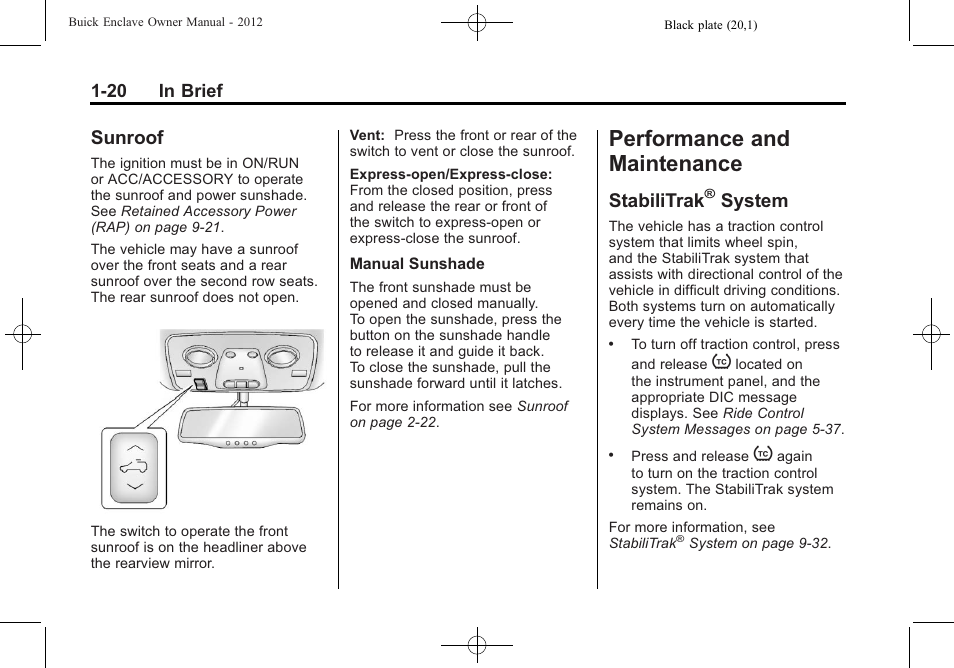 Sunroof, Performance and maintenance, Stabilitrak® system | Performance and, Maintenance -20, Instruments and, Stabilitrak, System -20, System | Buick 2012 Enclave User Manual | Page 26 / 474