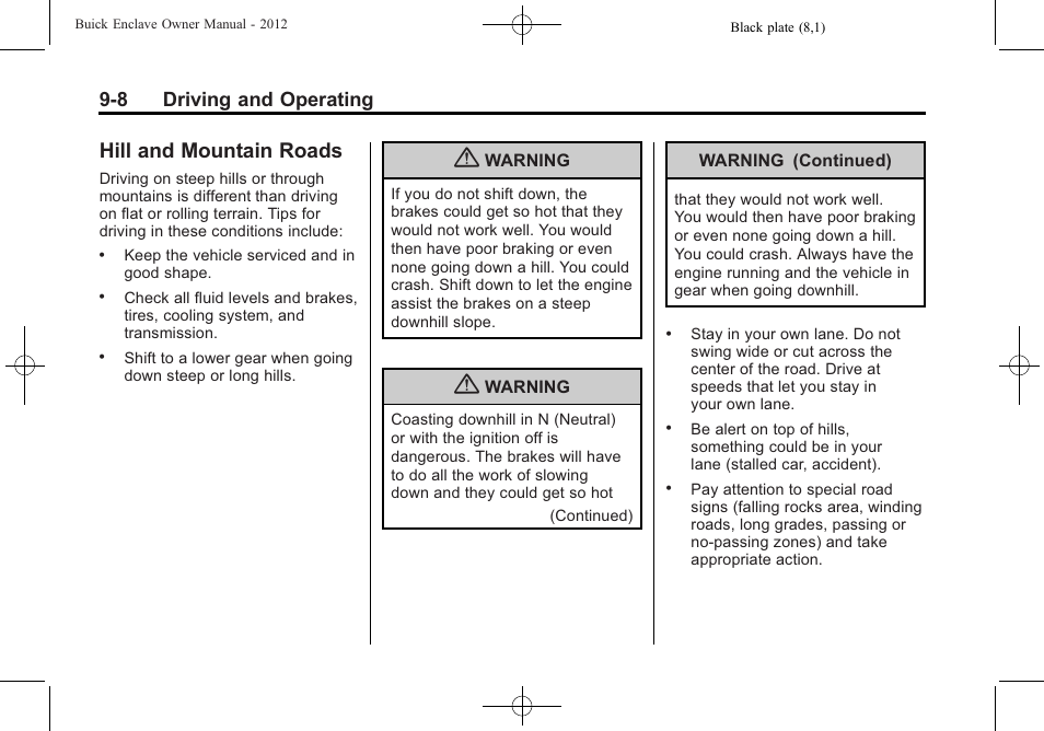Hill and mountain roads, Hill and mountain roads -8, 8 driving and operating | Buick 2012 Enclave User Manual | Page 262 / 474