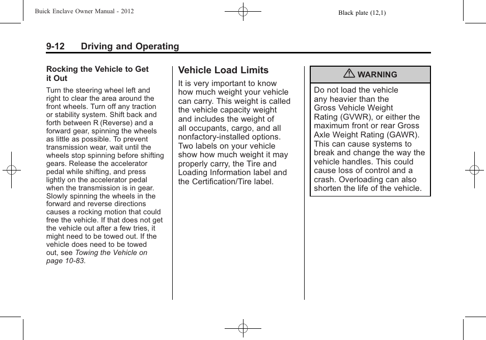 Vehicle load limits, Vehicle load limits -12 | Buick 2012 Enclave User Manual | Page 266 / 474