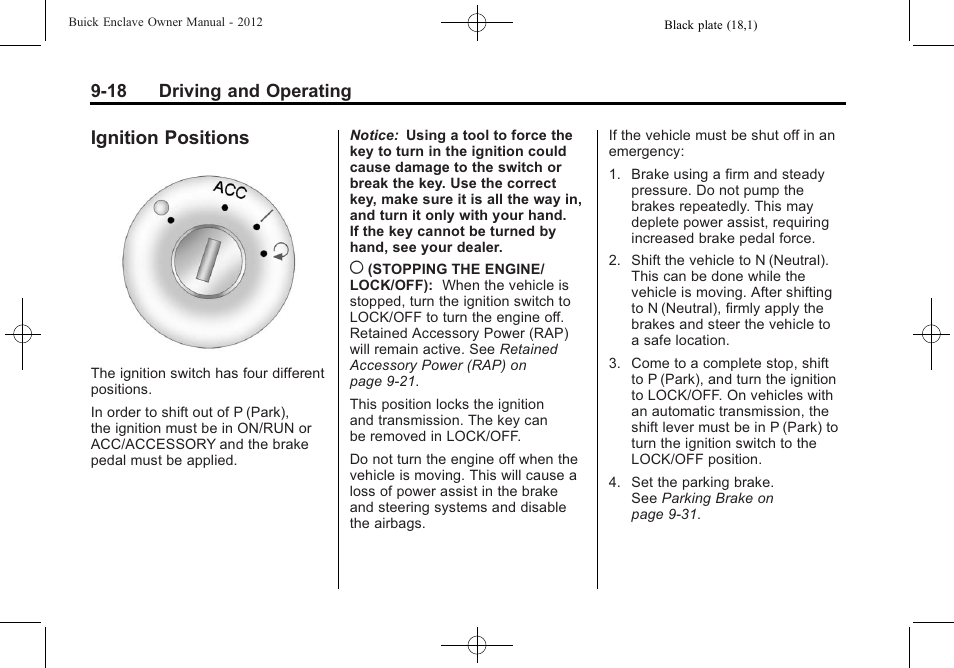 Ignition positions, Ignition positions -18 | Buick 2012 Enclave User Manual | Page 272 / 474