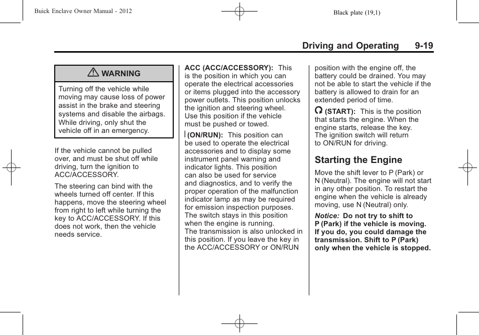 Starting the engine, Starting the engine -19 | Buick 2012 Enclave User Manual | Page 273 / 474