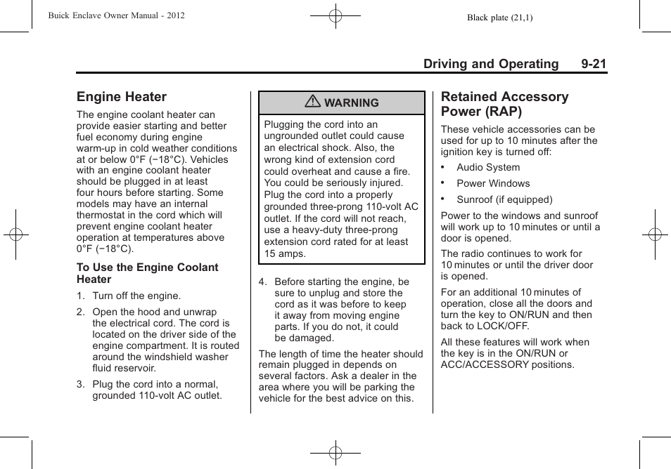 Engine heater, Retained accessory power (rap), Engine heater -21 retained accessory | Power (rap) -21, Driving and operating 9-21 | Buick 2012 Enclave User Manual | Page 275 / 474