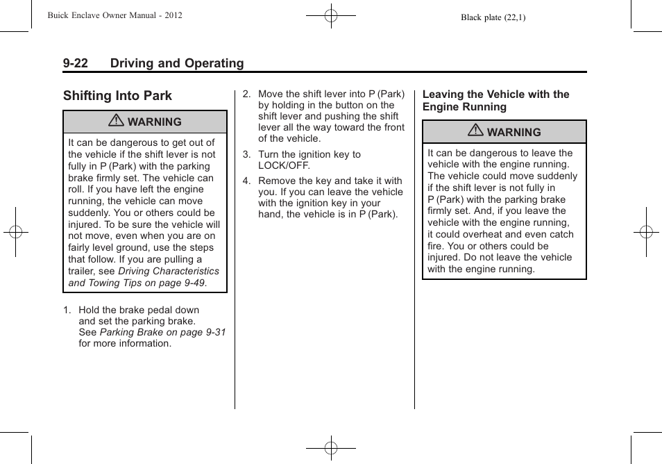 Shifting into park, Shifting into park -22, Object | Buick 2012 Enclave User Manual | Page 276 / 474