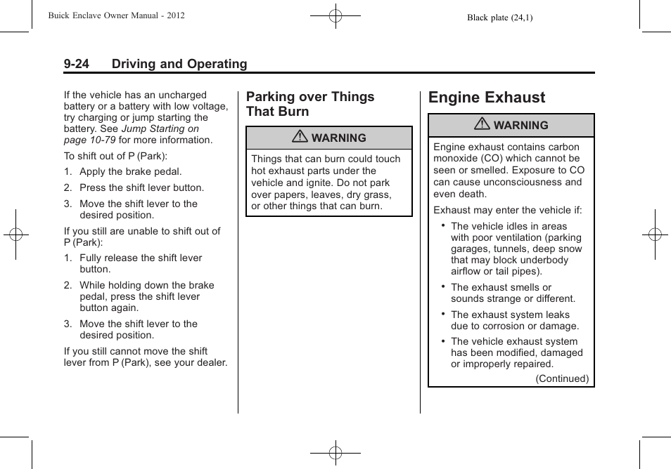 Parking over things that burn, Engine exhaust, Engine exhaust -24 | Parking over things, That burn -24 | Buick 2012 Enclave User Manual | Page 278 / 474