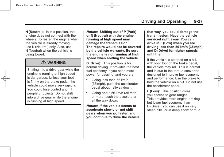 Driving and operating 9-27 | Buick 2012 Enclave User Manual | Page 281 / 474