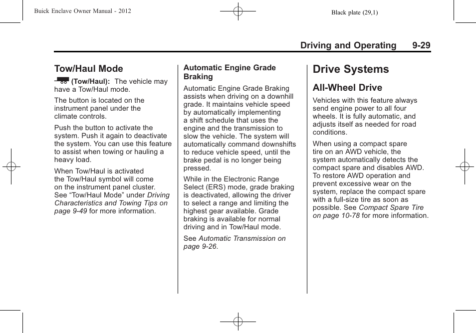 Tow/haul mode, Drive systems, All-wheel drive | Tow/haul mode -29, All-wheel drive -29 | Buick 2012 Enclave User Manual | Page 283 / 474