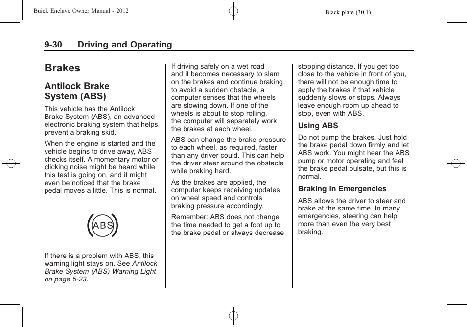 Brakes, Antilock brake system (abs), Brake | System (abs) -30, General | Buick 2012 Enclave User Manual | Page 284 / 474