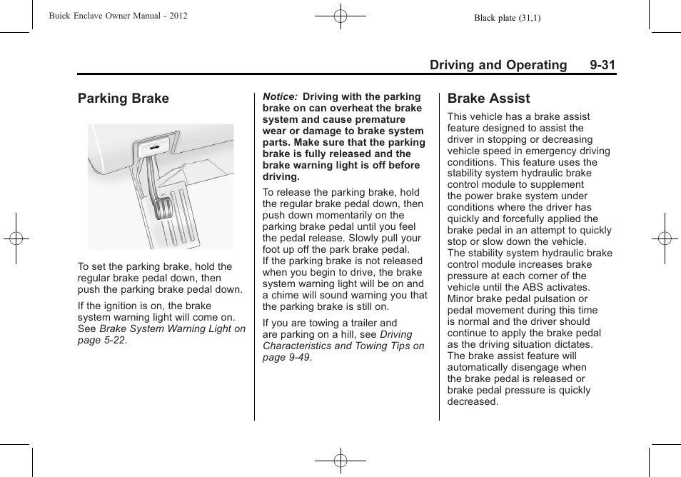 Parking brake, Brake assist, Parking brake -31 brake assist -31 | Buick 2012 Enclave User Manual | Page 285 / 474