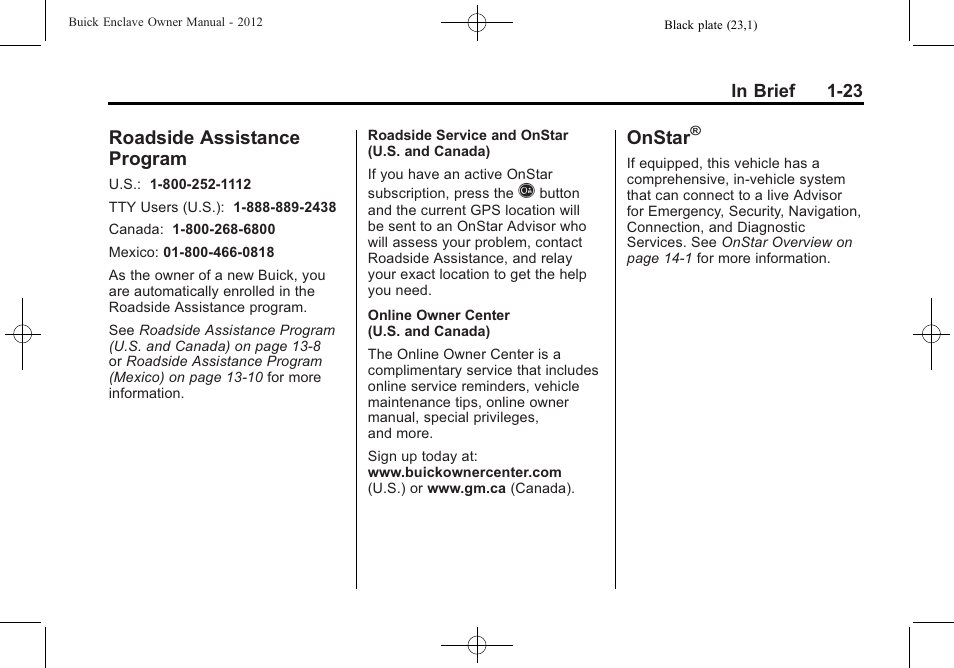 Roadside assistance program, Onstar, Assistance | Program -23 | Buick 2012 Enclave User Manual | Page 29 / 474