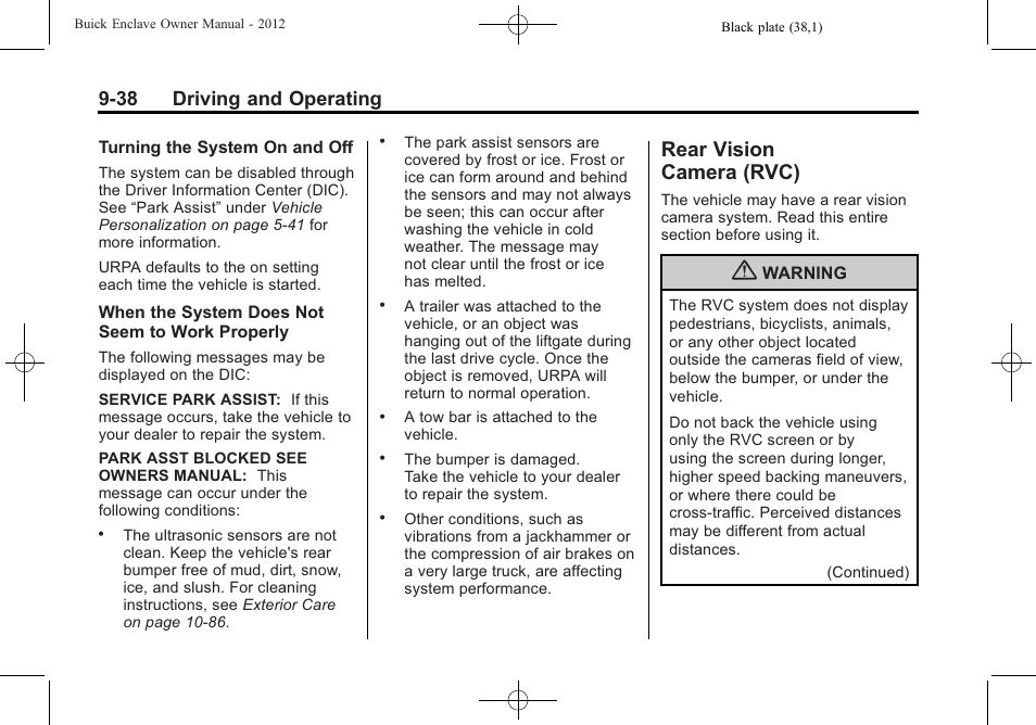 Rear vision camera (rvc), Rear vision, Camera (rvc) -38 | 38 driving and operating | Buick 2012 Enclave User Manual | Page 292 / 474
