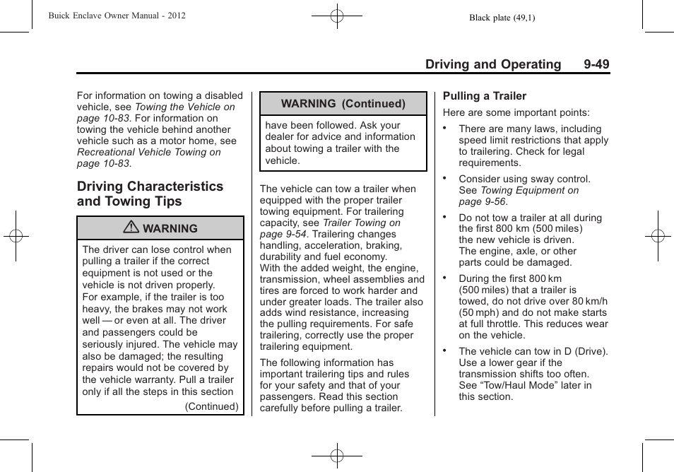 Driving characteristics and towing tips, Driving characteristics and, Towing tips -49 | Driving and operating 9-49 | Buick 2012 Enclave User Manual | Page 303 / 474