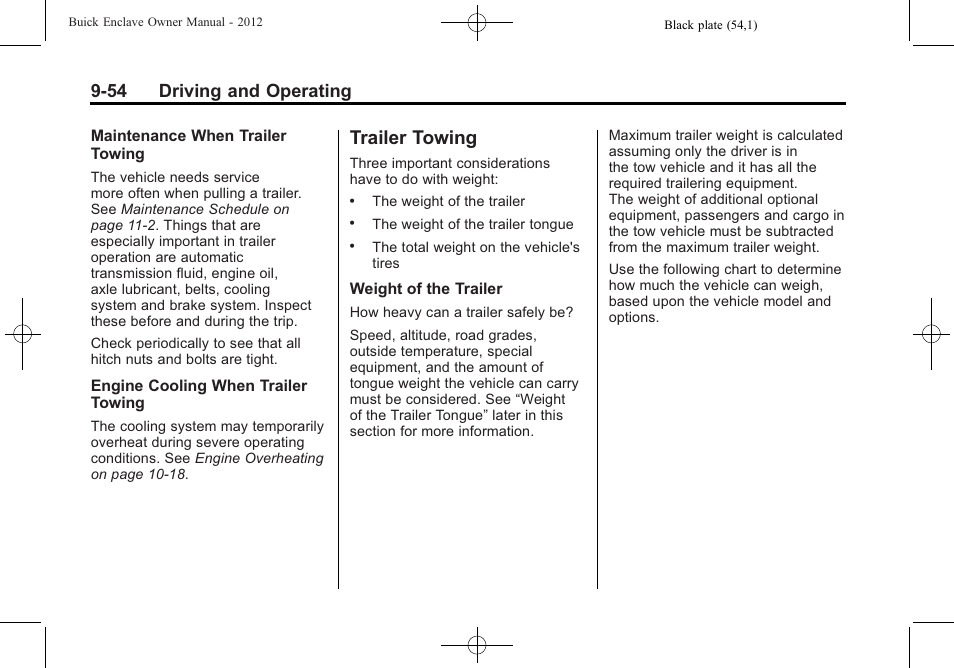 Trailer towing, Trailer towing -54, 54 driving and operating | Buick 2012 Enclave User Manual | Page 308 / 474