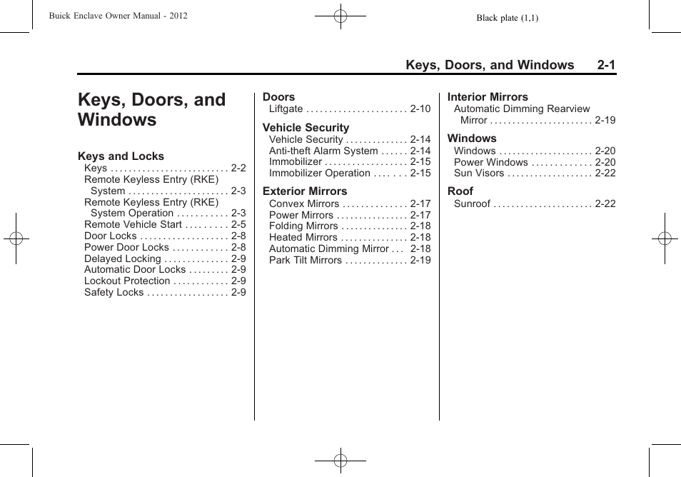 Keys, doors, and windows, Keys, doors, and, Windows -1 | Buick 2012 Enclave User Manual | Page 31 / 474
