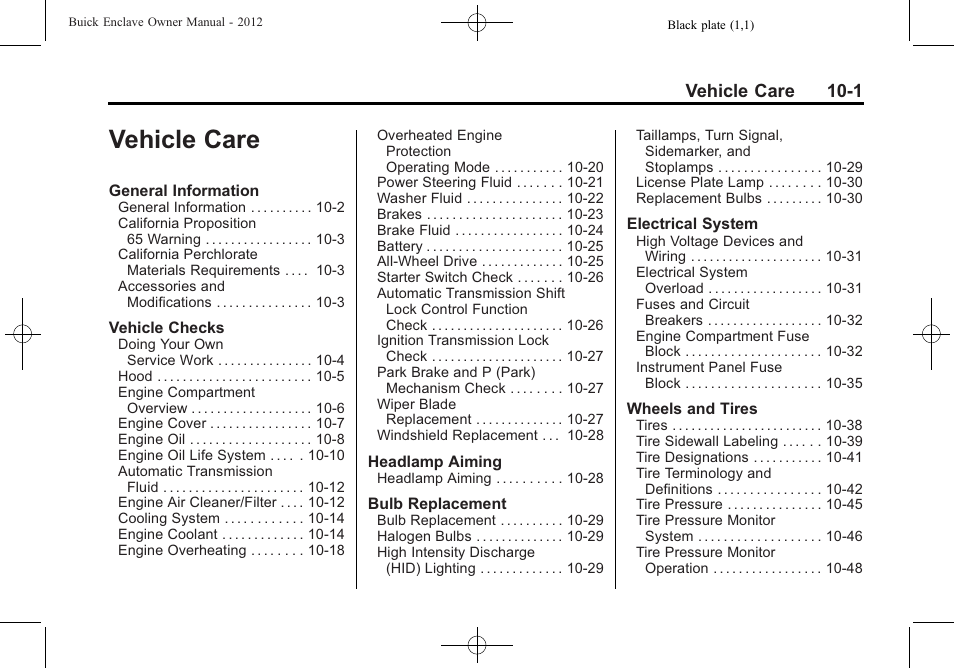 Vehicle care, Vehicle care -1, Vehicle care 10-1 | Buick 2012 Enclave User Manual | Page 313 / 474