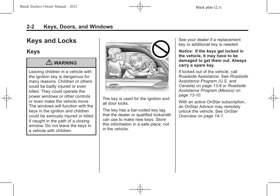 Keys and locks, Keys, Keys and locks -2 | Information displays, Keys -2 | Buick 2012 Enclave User Manual | Page 32 / 474