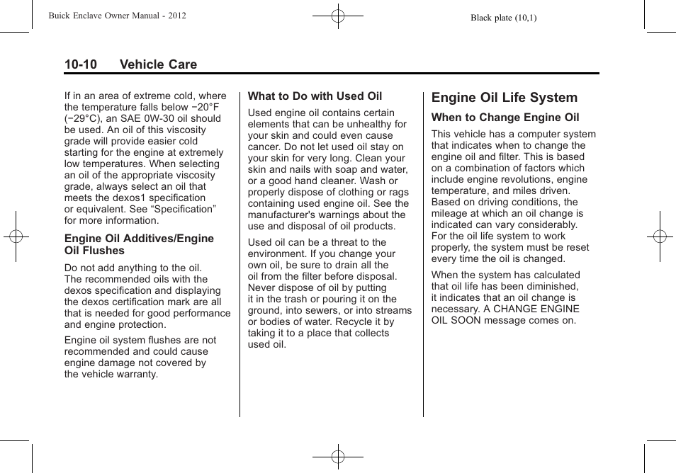 Engine oil life system, Engine oil life system -10, Headlamp | Buick 2012 Enclave User Manual | Page 322 / 474