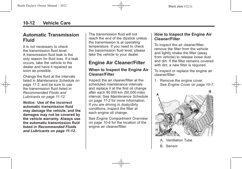 Automatic transmission fluid, Engine air cleaner/filter, Automatic transmission | Fluid -12, Engine air cleaner/filter -12, Bulb | Buick 2012 Enclave User Manual | Page 324 / 474