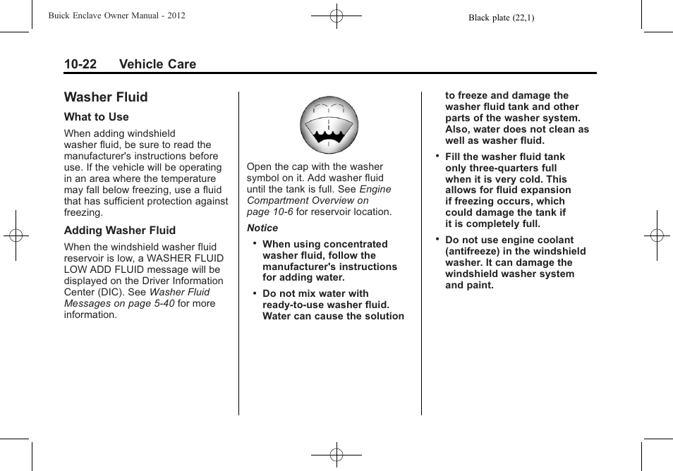 Washer fluid, Washer fluid -22, Replacement | 22 vehicle care | Buick 2012 Enclave User Manual | Page 334 / 474
