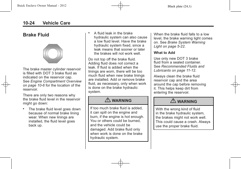 Brake fluid, Brake fluid -24 | Buick 2012 Enclave User Manual | Page 336 / 474