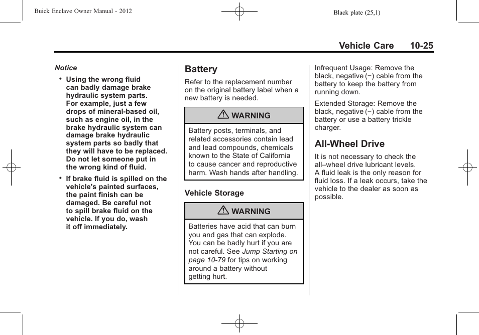 Battery, All-wheel drive, Battery -25 all-wheel drive -25 | Buick 2012 Enclave User Manual | Page 337 / 474