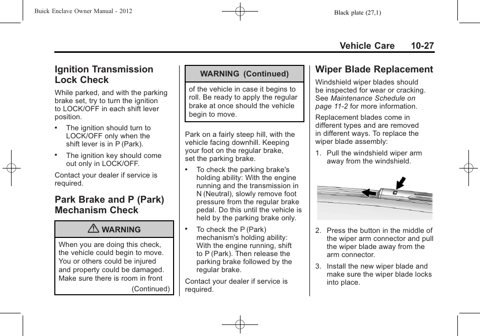 Ignition transmission lock check, Park brake and p (park) mechanism check, Wiper blade replacement | Ignition transmission lock, Check -27, Park brake and p (park), Mechanism check -27, Wiper blade, Replacement -27, Vehicle care 10-27 | Buick 2012 Enclave User Manual | Page 339 / 474