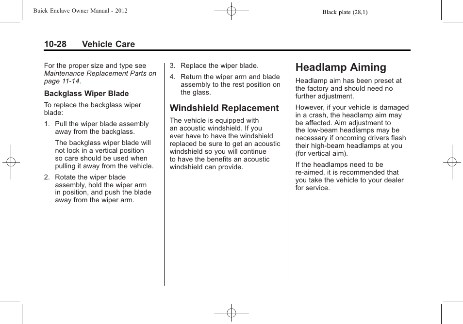 Windshield replacement, Headlamp aiming, Headlamp aiming -28 | Replacement -28 | Buick 2012 Enclave User Manual | Page 340 / 474