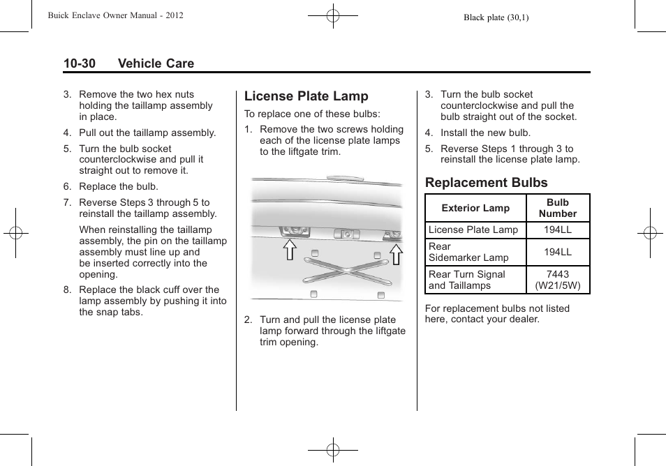 License plate lamp, Replacement bulbs, Plate lamp -30 | Bulbs -30, 30 vehicle care | Buick 2012 Enclave User Manual | Page 342 / 474