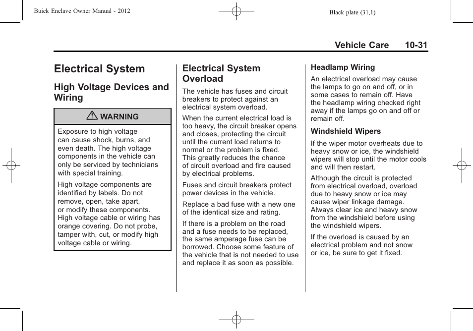 Electrical system, High voltage devices and wiring, Electrical system overload | Electrical system -31, Customer information, High voltage devices and, Wiring -31, Overload -31 | Buick 2012 Enclave User Manual | Page 343 / 474